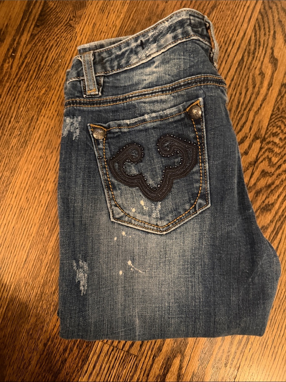 Express Women's Faded Blue Distressed Jeans with Embroidered Pocket